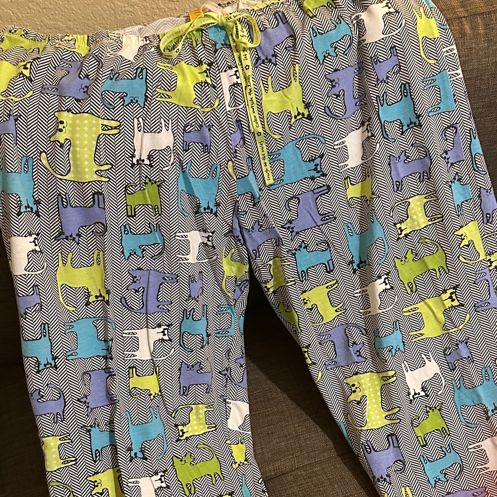HUE women’s Pajama Bottoms with cat Print in Blue, Green, and White.  Used.